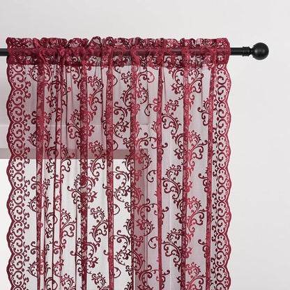 FOLKSIDE Burgundy Lace Curtains 45 Inch Length 2 Panels Set Wine Victorian Lace - Image 3