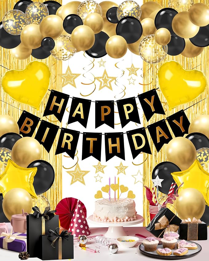 Black Gold Happy Birthday Party Decorations by Lutoys