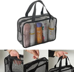 Black Mesh Shower Tote Bag - 12×8Inch Portable Quick-Dry Hanging Pouch for Bathroom, Gym, Camping, Toiletry Organizer