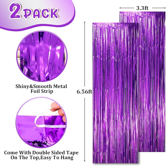 Voircoloria Purple Foil Fringe Backdrop Curtains, 2 Pack | Tinsel Streamers - Image 2