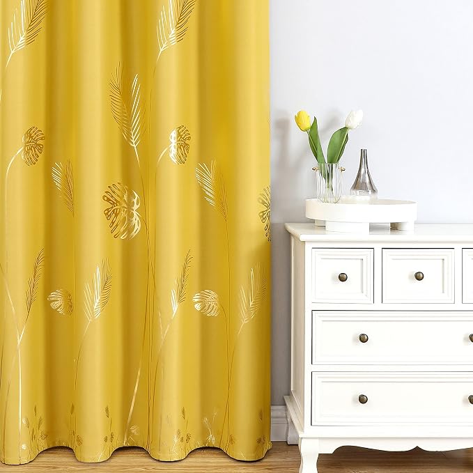 Yellow Blackout Curtains for Bedroom, Room Darkening Gold Palm Tree Pattern - Image 2
