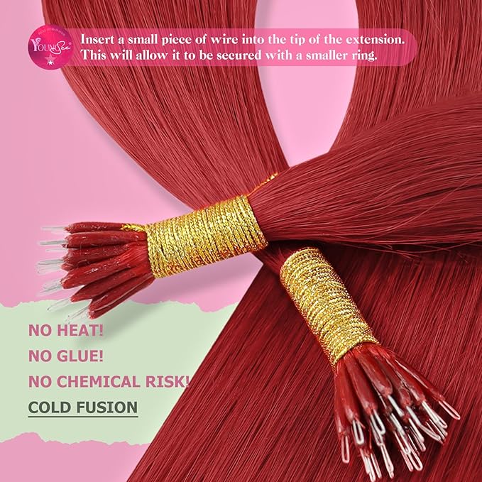 YoungSee Nano Bead Hair Extensions Red Nano Ring Hair Extensions Human Hair 20 Inch Nano-Loop Hair Extension Colorful Nano Extension Real Human Hair for Women Highlights 25g 25s