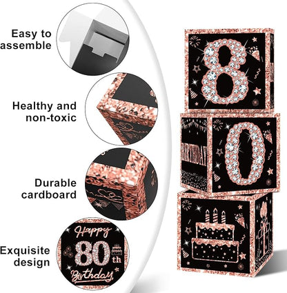 Eiurteao 3pcs Rose Gold 80th Birthday Decorations Boxes - Image 5