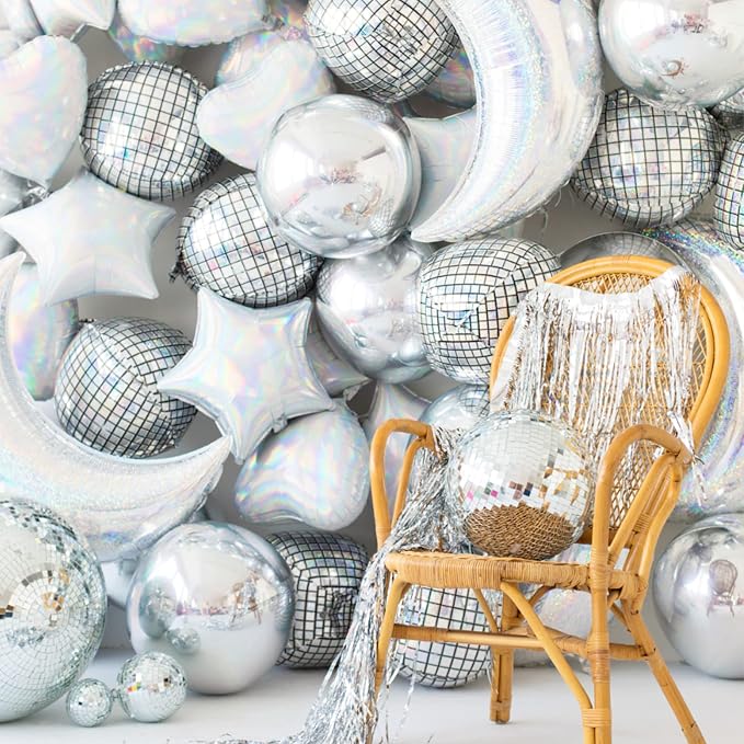 PartyWoo Silver Disco Ball Large Giant 4D Jumbo Foil Balloons 6pcs 22 Inch | 22 - Image 3