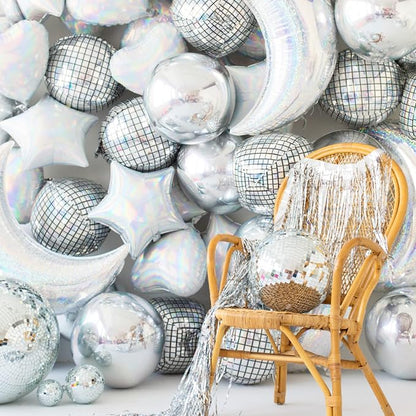 PartyWoo Silver Disco Ball Large Giant 4D Jumbo Foil Balloons 6pcs 22 Inch | 22 - Image 3