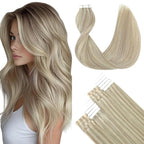 SURNEL Tape in Hair Extensions Ash Blonde Highlight Bleach Blonde Tape in Human Hair Extensions 16 inch 20pcs 50g(#18P613-16)
