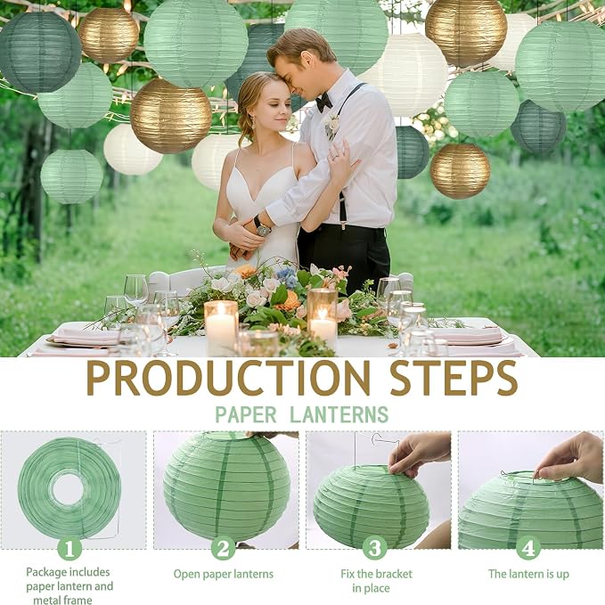 15-Pack Sage Green Gold Paper Lanterns Party Decorations | Assorted 6, 8 & - Image 6