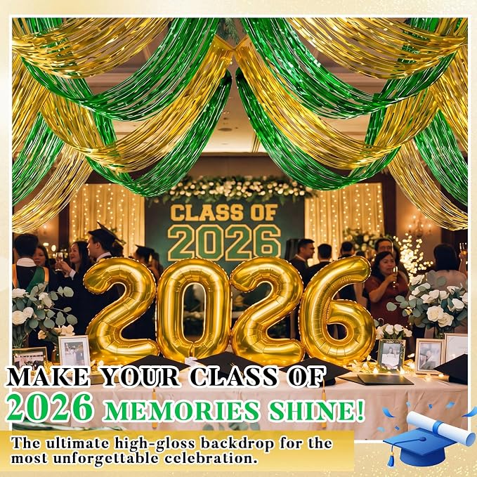 4 Pcs 15ft Gold Green Metallic Foil Ceiling Fringe Curtains, Fringe Drapes - Image 4
