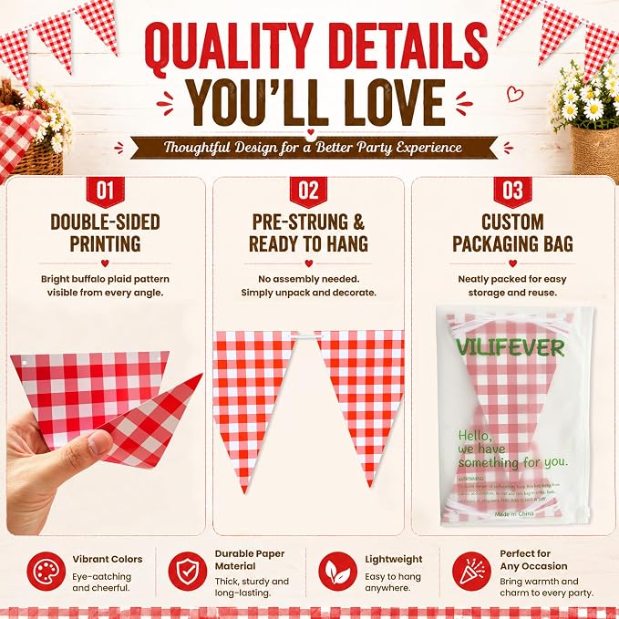 VILIFEVER 2 Pieces Red and White Checkered Banner BBQ Party Decorations | - Image 2
