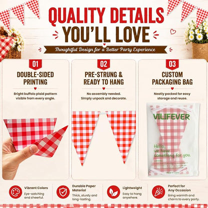 VILIFEVER 2 Pieces Red and White Checkered Banner BBQ Party Decorations | - Image 2