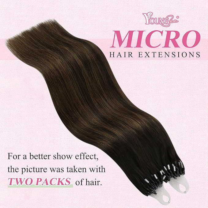 YoungSee Micro Bead Hair Extensions Real Human Hair Brown Micro Loop Hair Extensions Human Hair Dark Brown Balayage Bead Hair Extension 22 Inch Ombre Micro-Link Hair Extension Soft for Wedding 50g 50s