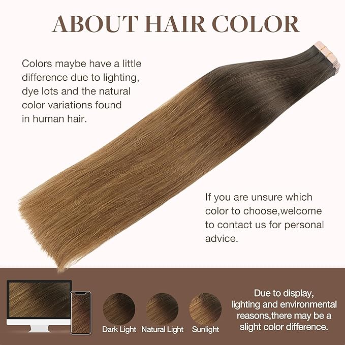 GOO GOO Tape in Hair Extensions Human Hair, 1D/2C/4E Chocolate Dip Color Melt, 12inch 80g 40pcs, Skin Weft Seamless Invisible, Silky Straight with Thick Ends, Remy Human Hair