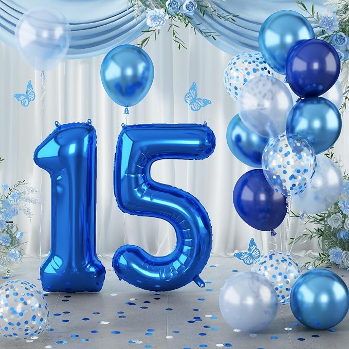 15th Birthday Balloon for Boys, Foil 40 Inch Self Inflating Number 15 Metallic by Lingqiang