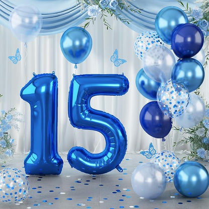 15th Birthday Balloon for Boys, Foil 40 Inch Self Inflating Number 15 Metallic by Lingqiang