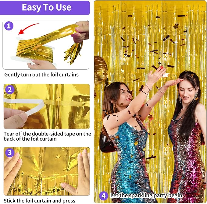 JINSUI Gold Fringe Backdrop 3.3x8.2ft, 2 Pack Foil Tinsel Curtains Decor | - Image 7