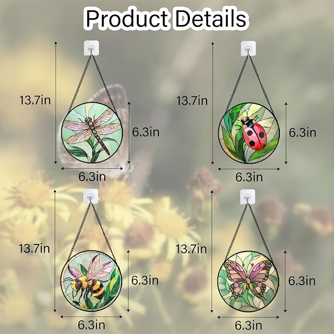 DASTOLL Stained Glass Window Hanging 4 Pcs Set Pink Green Insect Theme 6.3" - Image 6