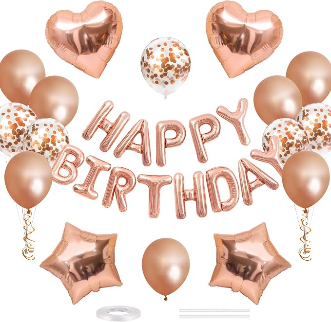 CANREVEL Happy Birthday Banner Decoration + 30pcs Star Balloons, Rose Gold | by CANREVEL