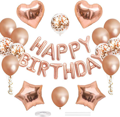 CANREVEL Happy Birthday Banner Decoration + 30pcs Star Balloons, Rose Gold | by CANREVEL
