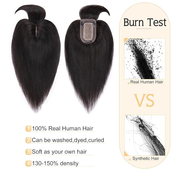 SEGO Hair Toppers for Women Real Human Hair With Bangs, 7 * 13CM Silk Base 100% Remy Human Hair Clip in Top Wiglet Hairpieces Add Volume /14 Inch Natural Black