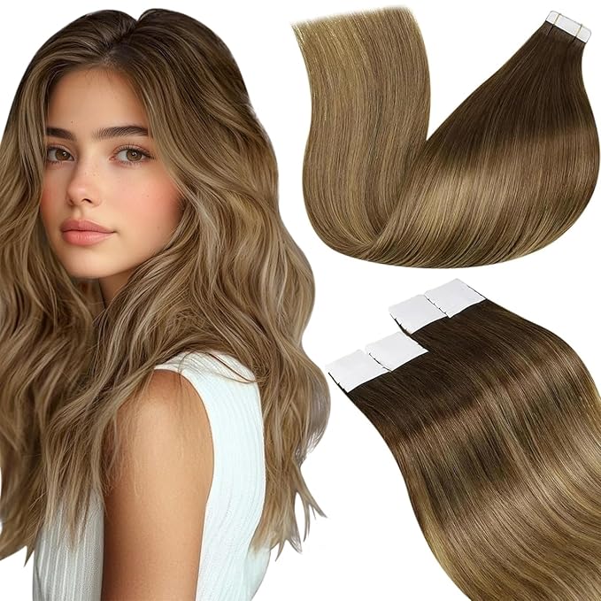 LaaVoo Brown Hair Extensions Tape in Human Hair Tape in Hair Extensions Ombre Medium Brown to Light Brown Mix Golden Brown Tape ins Human Hair Extensions Seamless Hair 22 inch 50g 20pcs