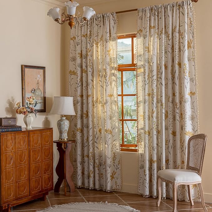 ENJOYBRIDAL Yellow Floral 96 Inch Curtains 2 Panel Set Living Room Long Drapes - Image 2