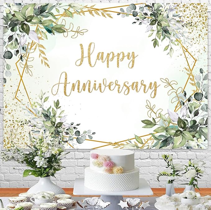 Withu Happy Anniversary Backdrop Sign Decorations Banner Sage Green Gold - Image 4