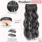 KooKaStyle Clip in Hair Extensions Long Wavy 4PCS Thick Hairpieces Synthetic Highlight Hair Extensions Black and White Mix Fiber Double Weft Natural 20Inch for Women