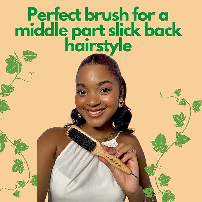 GranNaturals Smoothing & Styling Middle Part Boar Bristle Slick Back Hair Brush w/Narrow Metal Rat Tail End for Sectioning and Parting Sleek Ponytail Bun - Teasing, Backcombing, Edge Control