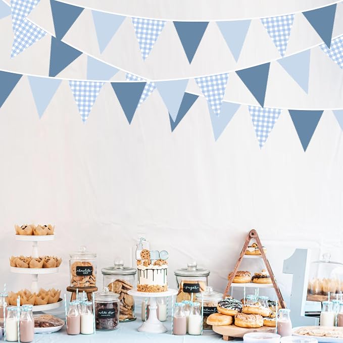 32Ft Dusty Blue Party Decorations Retro Blue Gingham Triangle Banner Flag - Image 4