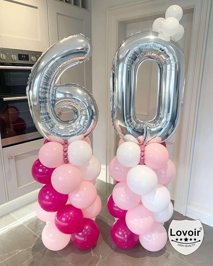 Silver 60 Number Balloons, 40 Inch Giant Number 60 Balloons Foil Mylar Helium - Image 5