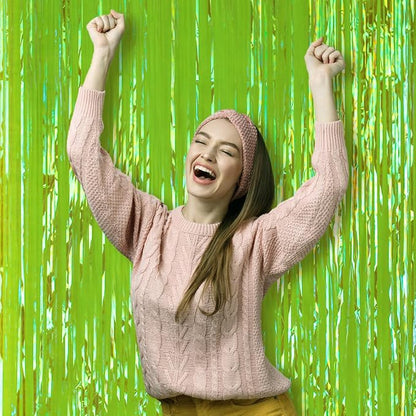 Voircoloria Iridescent Green Fringe Backdrop Curtains, 3 Pack | Tinsel Streamers - Image 6