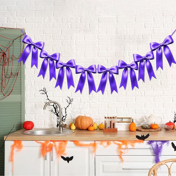 1 String of 8PCS Purple Bow Garland Banner Decoration, Pre-Strung Satin Ribbon by Unknown