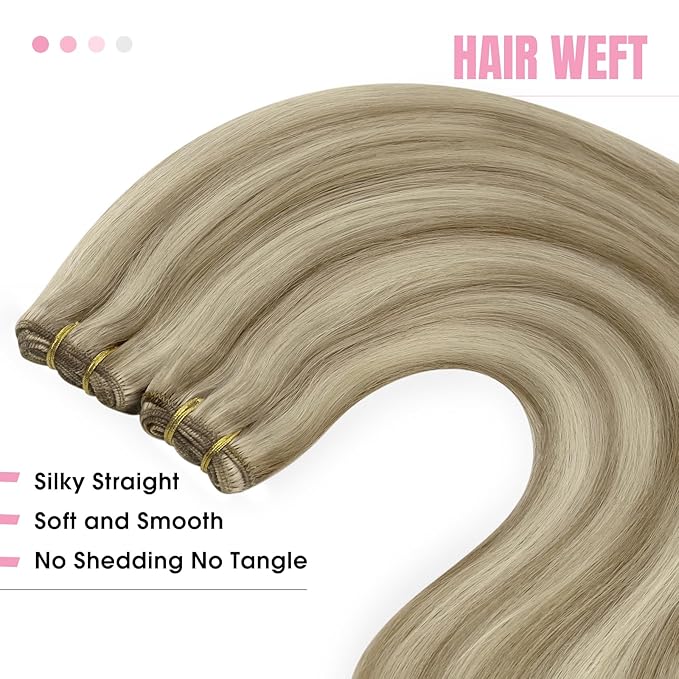 YoungSee Human Hair Sew in Extensions Highlights Double Weft Human Hair Extensions Light Brown Highlight with Blonde Weft Hair Extensions Human Hair for Woman 100G 24 inch