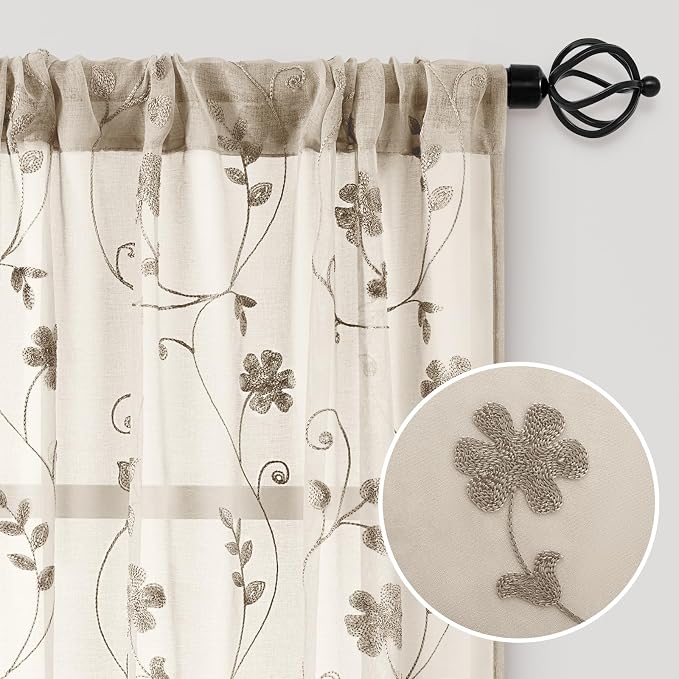 HOMEIDEAS Taupe Sheer Curtains 84 Inches Long 2 Panels Beige Embroidered Floral - Image 4