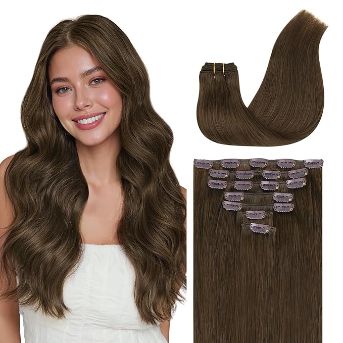 GOO GOO Clip in Hair Extensions Real Human Hair, Remy Human Hair Extensions Clip ins for Women, Natural Human Hair, 18inch 120g 7 Pcs, #4H Light Chocolate Brown