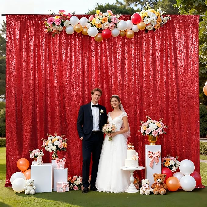 SquarePie 10x10ft Red Sequin Backdrop, High Density Non-Transparent Glitter by SquarePie