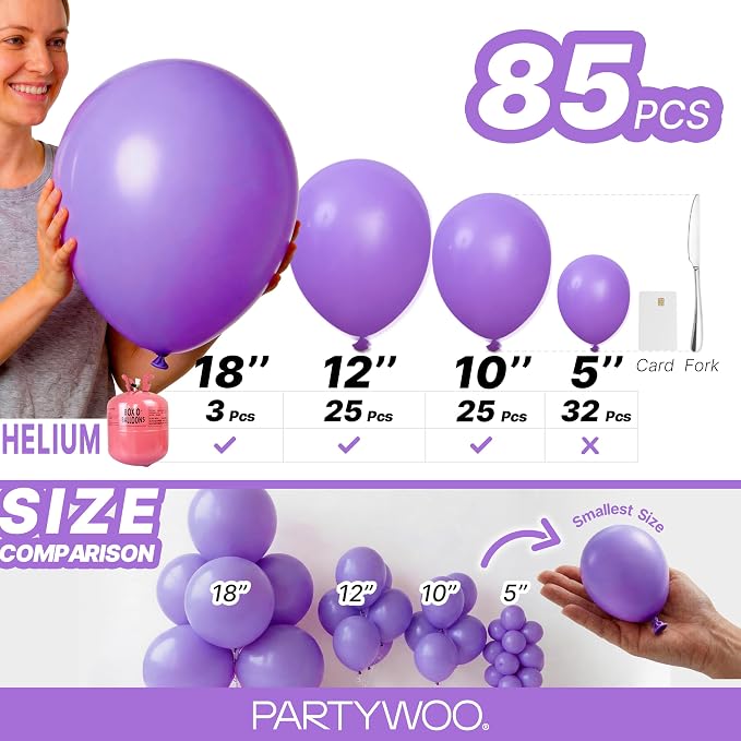 PartyWoo Purple Balloons 85pcs Different Sizes of 18 12 10 5 Inch | Balloons - Image 6
