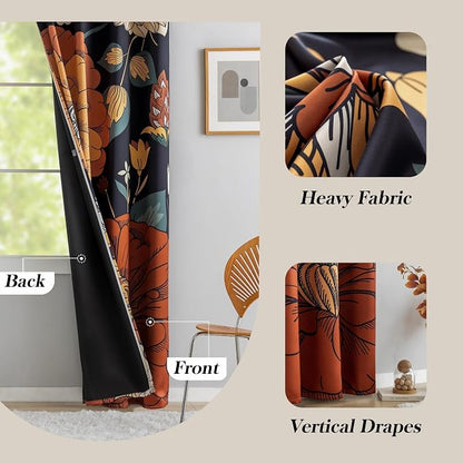 Tyrot Black Boho Floral 100% Blackout Curtains - Image 6