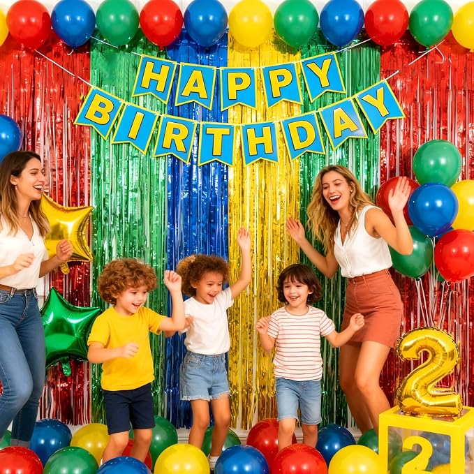 4 Packs Blue Red Green Yellow Foil Fringe Curtain, Baby Shower, Video Game - Image 4