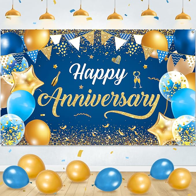 Blue & Navy Blue Gold Happy Anniversary Banner & Backdrop | Happy Anniversary by Wayyogh