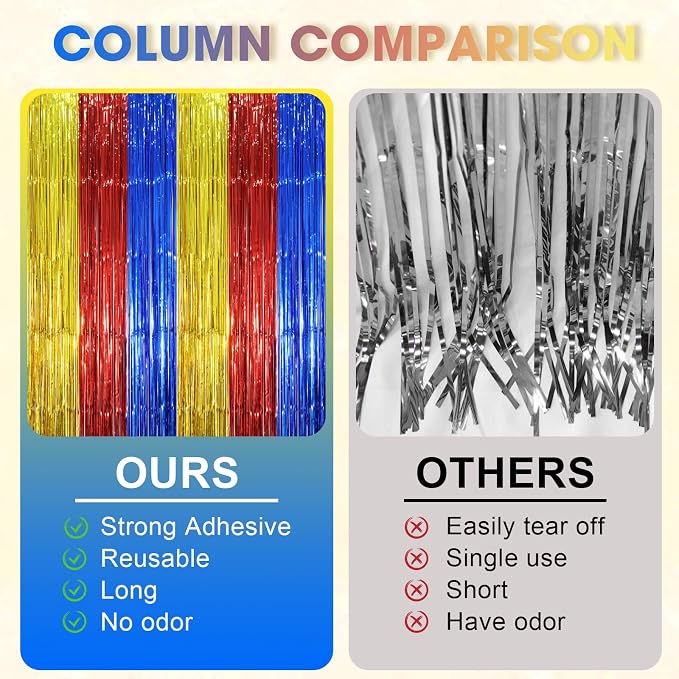 Voircoloria 3 Pack 3.3 x 8.2 ft Blue Red Gold Foil Fringe Backdrop Curtains - Image 4