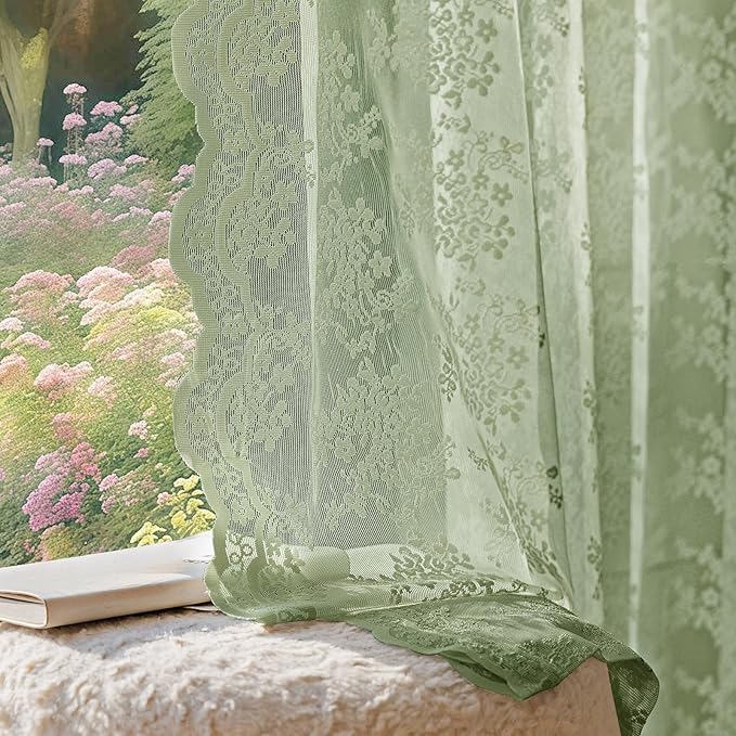 Anmao Vintage Sage Green Lace Curtains 108 Inches Long 2 Panels, Romantic Light by Anmao