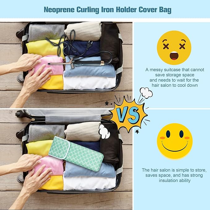 Women's Heat Resistant Neoprene Curling Iron Holder Flat Iron Curling Wand Travel Storage Cover Case Bag Pouch -Water-Resistant (Green-1)