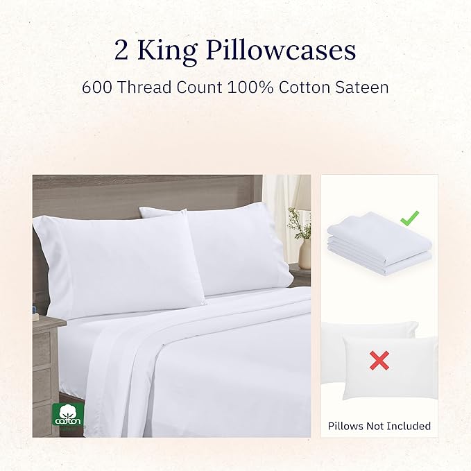 California Design Den Luxuriously Soft 600 Thread Count 100% Cotton King Size White Pillowcase Set of 2, Fits King Pillows