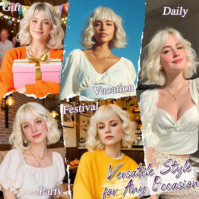 BARSDAR Short Wavy Platinum Blonde Wig with Bangs - Short Wavy Platinum Blonde Wig for Women - Textured Curly Chic French Bob Wigs with Face-Framing Bangs Soft Synthetic Natural Looking