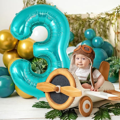 Teal Blue Number 3 Balloon, 40 Inch Big Large Foil Helium Number Balloons - Image 4