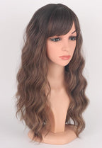 Ombre Brown Wavy Wigs With Bangs, Medium Long Synthetic Hair Replacement Wigs for Daily Use, 18 Inch