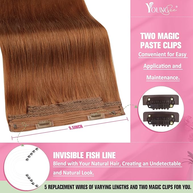 YoungSee Invisible Wire Hair Extensions Copper Color Hair Extensions Wire Light Copper Human Hair Headband Extensions for Women 18inch 80g
