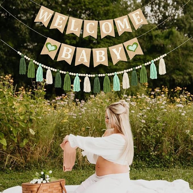 Baby Shower Burlap Pennant Banner Flag Felt Welcome Baby Sign Ombre Sage Green - Image 8