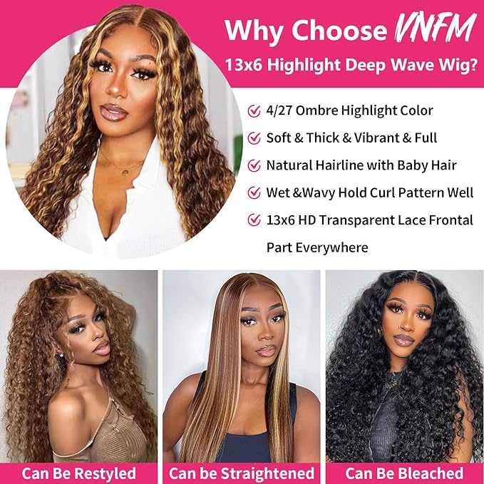 22 Inch Highlight Ombre Lace Front Wig Human Hair Deep Wave Honey Blonde 13x6 HD Lace Frontal Wigs Wet and Wavy 4/27 Colored Glueless Curly Wigs Human Hair for Women
